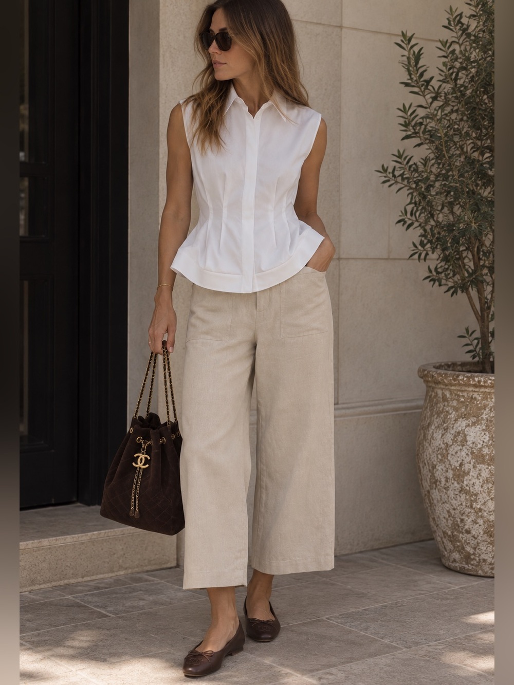 Zara Wide-Leg Linen Blend Pants in Beige